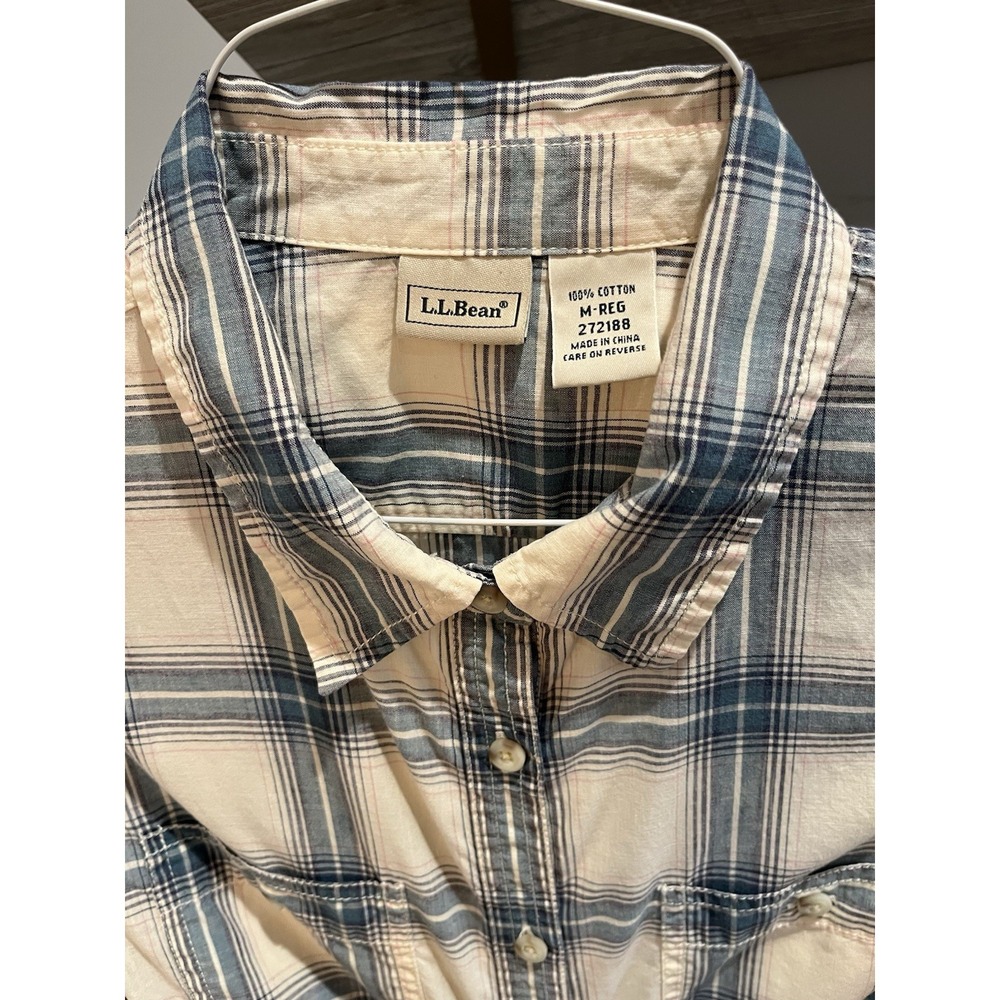 LL Bean Womens Blue Cream Plaid Cotton‎ Button Down Shirt M-REG 272188